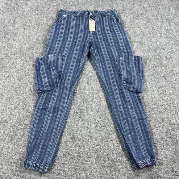 Jaded Gypsy Pants Womens Small Blue Spiral Cluster Denim Cargo Striped Jogger